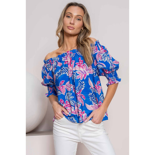 Blue Hawaiian Off Shoulder Short Sleeve Top