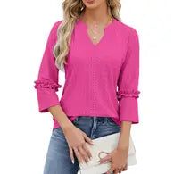 3/4 Sleeve Ruffle Detailed V-Neck Blouse - Fuschia