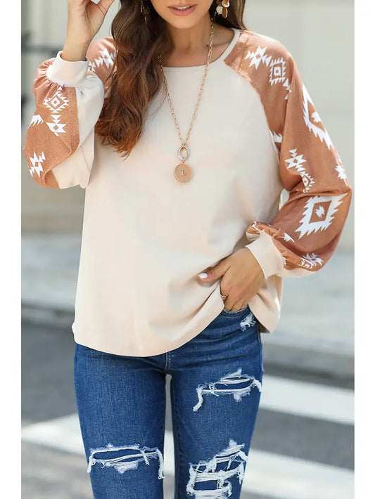 Western Print Patch Long Sleeve Top Apricot